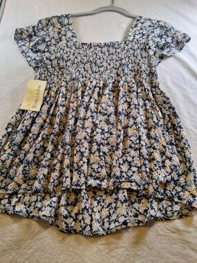 Rewind Night Sky Floral Smocked Babydoll Top - Navy, White & Yellow